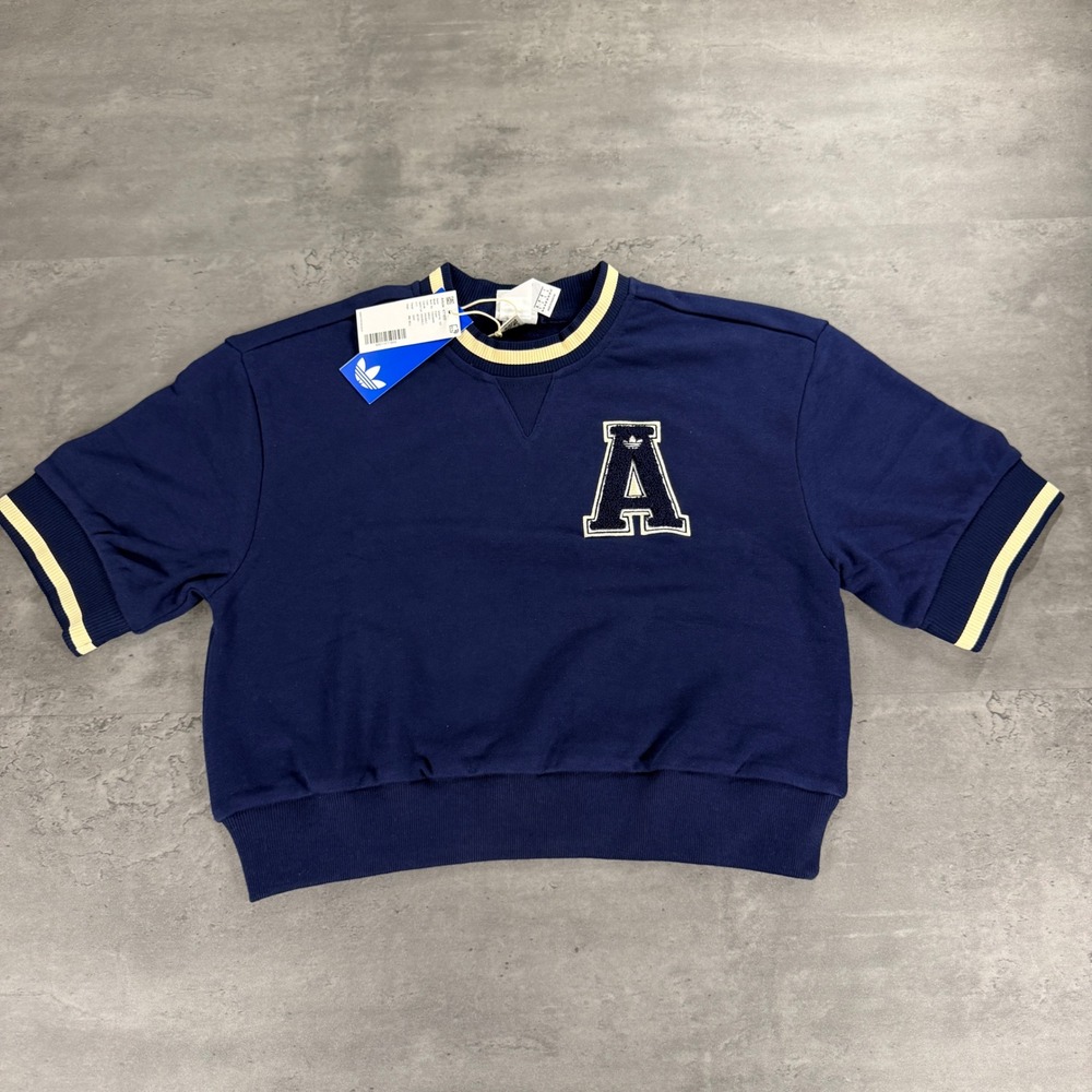 Adidas Originals Sweatshirt Tee Womens Small Navy Blue Varsity Cropped SAMPLE